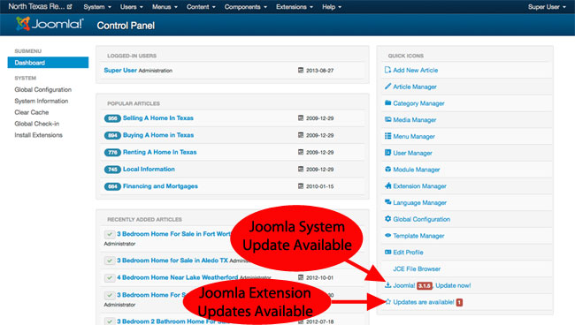 Joomla 3.1 admin control panel