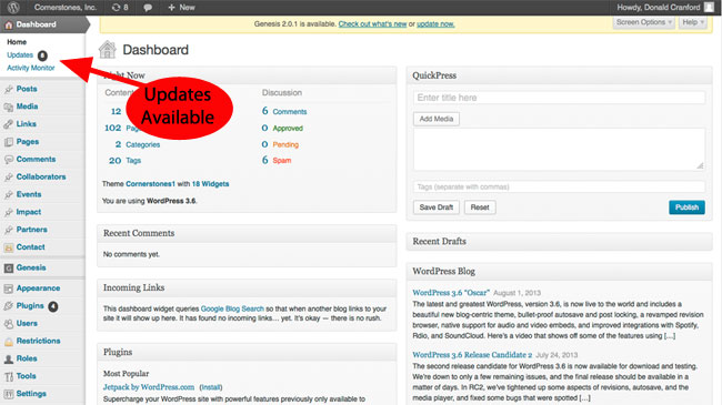 WordPress admin control panel